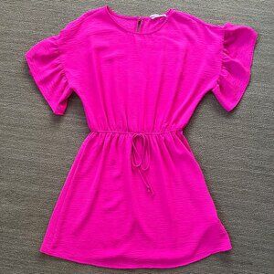 Hot Pink Drawstring Mini Dress with Ruffle Sleeves Size M NWT